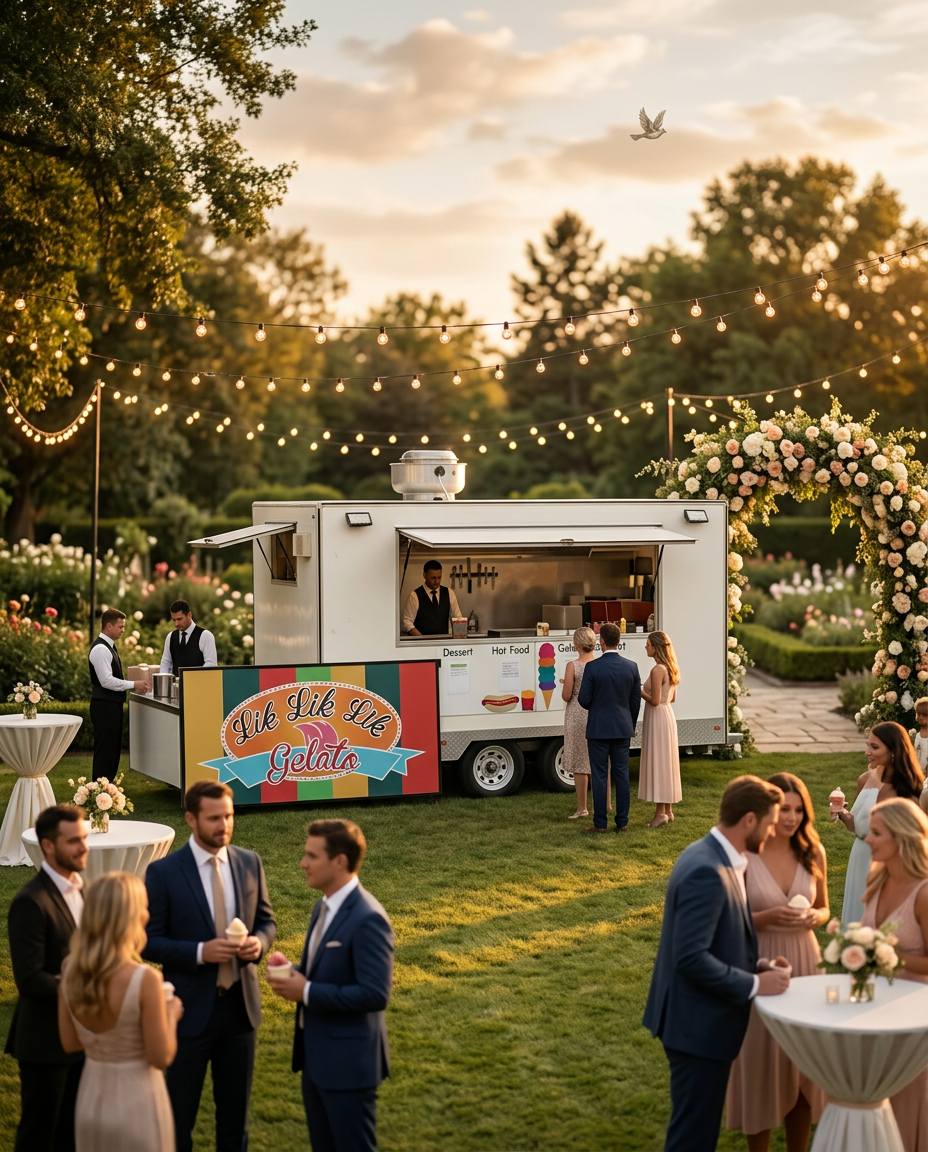 Lik Lik Lik food truck at an outdoor wedding reception with guests and string lights