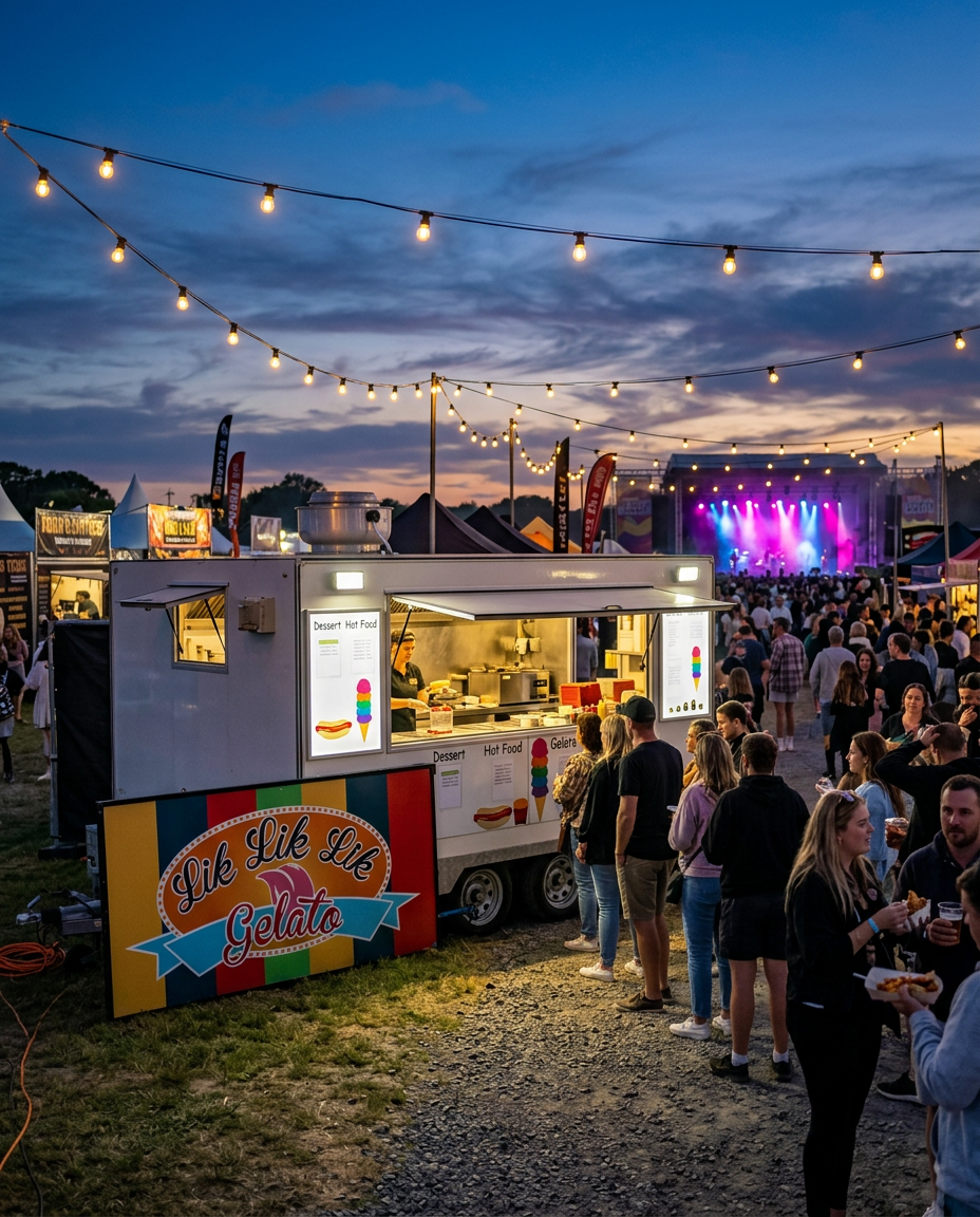 Lik Lik Lik food truck serving a busy outdoor festival crowd at dusk
